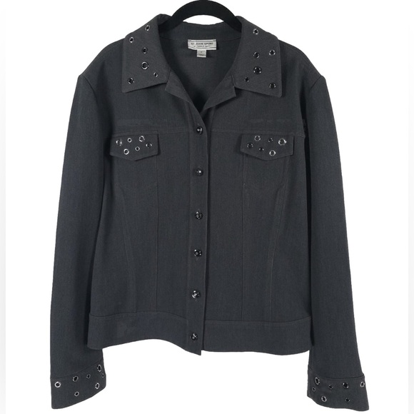 ST. JOHN SPORT MARIE GRAY Stretch Light Blazer Coat Silver Grommet Studs MEDIUM - Picture 1 of 13